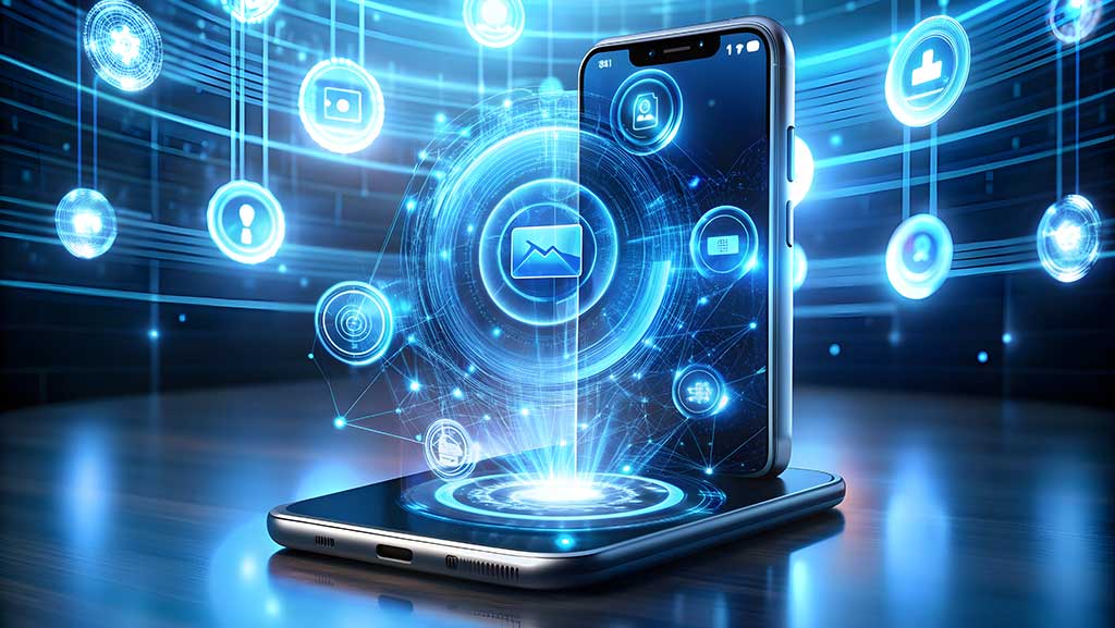 Mobile phone with holographic ai and robot icons on white background