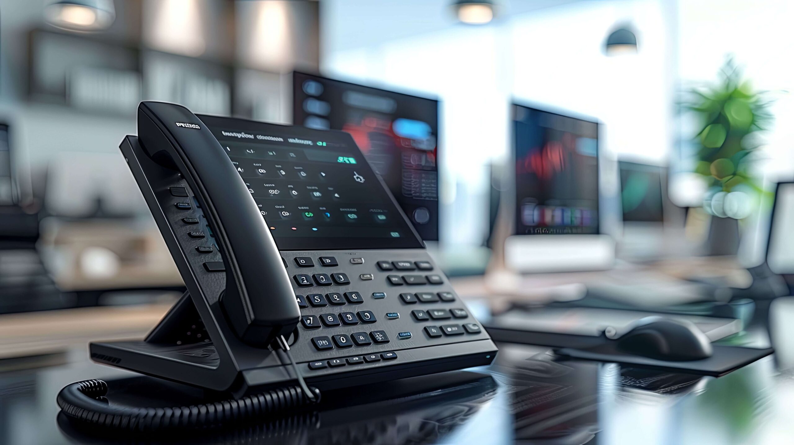black office phone with buttons display desk